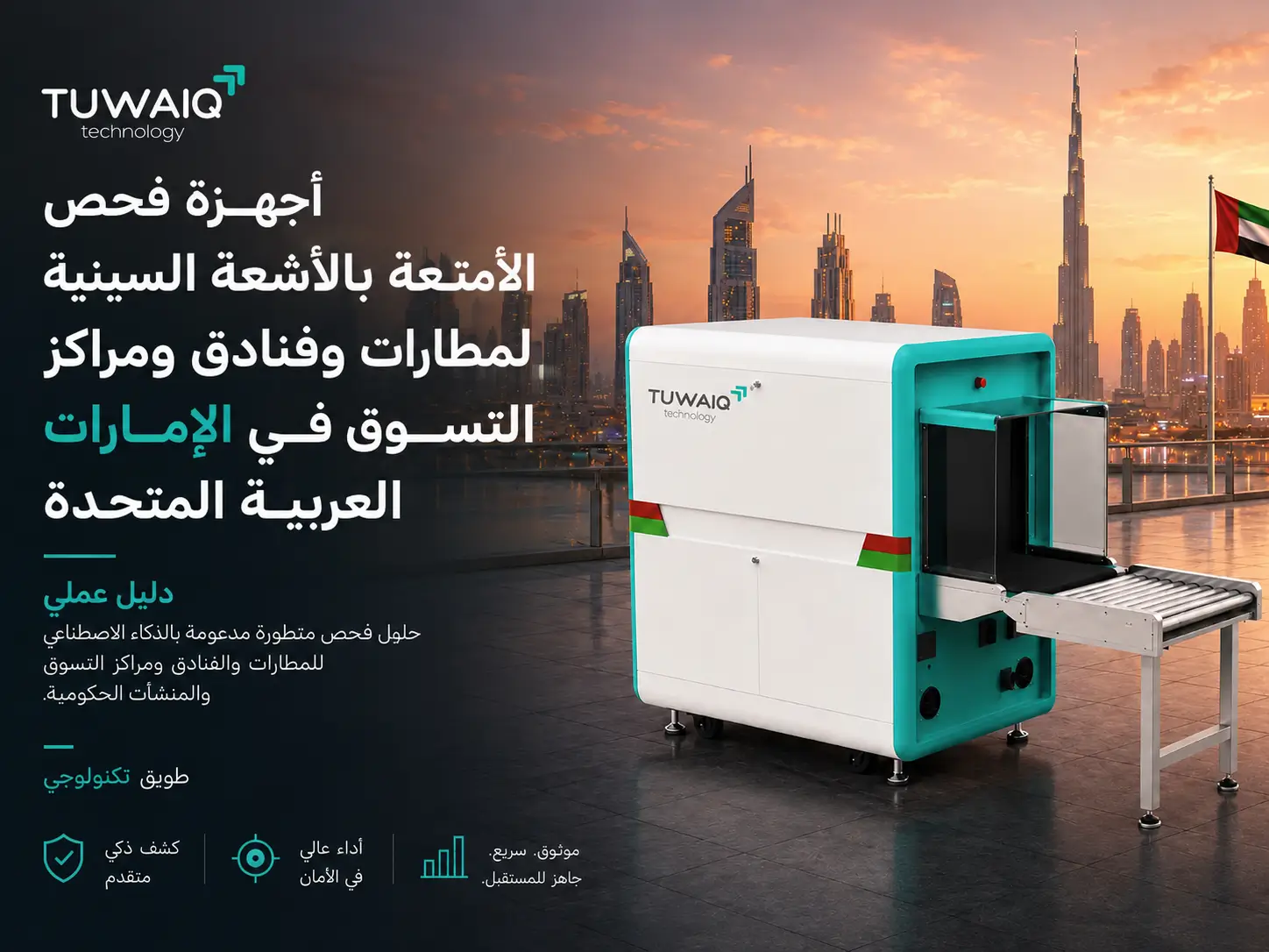 X-ray baggage scanner for UAE airports, hotels and malls with the Dubai skyline in the background.