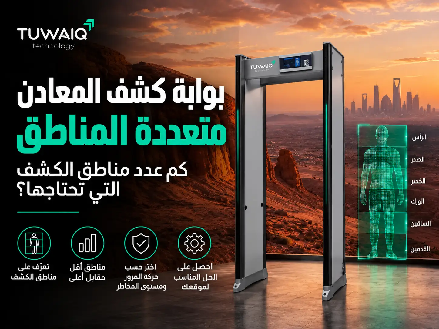 Tuwaiq multi zone walk through metal detector in Saudi Arabia showing detection zones and guidance on choosing the right zone count by traffic and security level.
