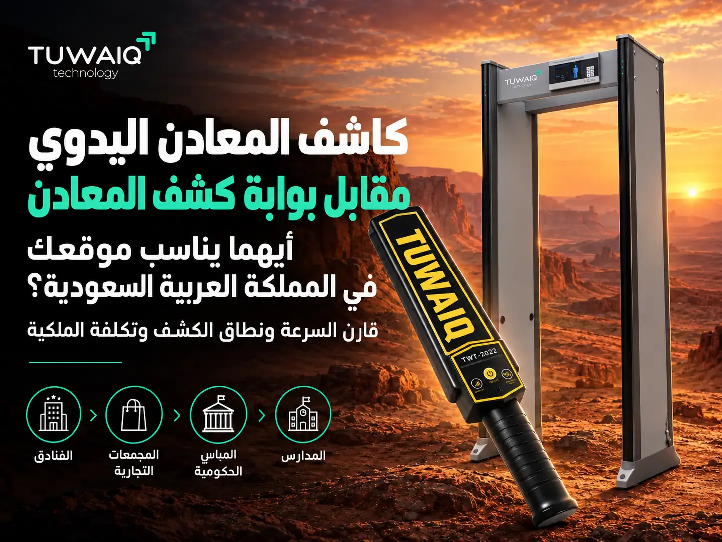 Tuwaiq handheld and walk through metal detectors for Saudi hotels, malls, government buildings and schools, comparing screening speed, coverage and cost of ownership.