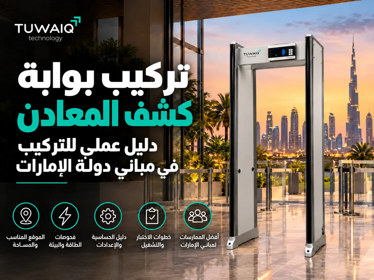 Tuwaiq walk through metal detector installation in a UAE building, highlighting placement, power, sensitivity, testing, commissioning and checkpoint best practices.